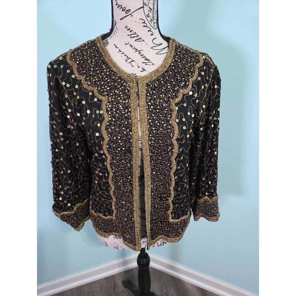 Vintage candlelight Cocktail Jacket Beaded sequin medium black gold